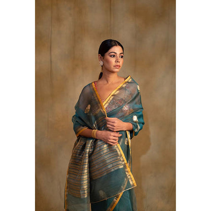 PRIYANKA RAAJIV Ugadi Teal Silk Organza Banarasi Saree with Unstitched Blouse