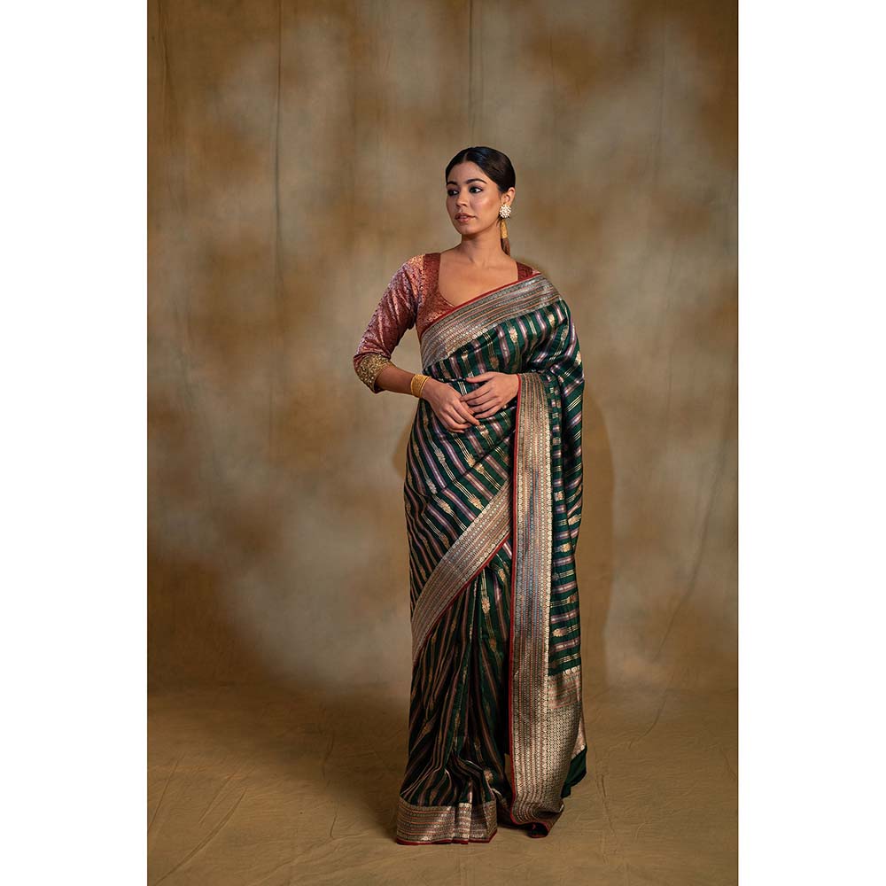 PRIYANKA RAAJIV Maghi Emerald Green Silk Banarsi Saree with Unstitched Blouse