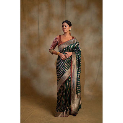 PRIYANKA RAAJIV Maghi Emerald Green Silk Banarsi Saree with Unstitched Blouse