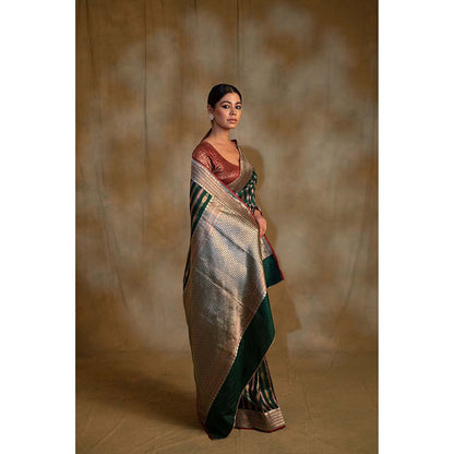 PRIYANKA RAAJIV Maghi Emerald Green Silk Banarsi Saree with Unstitched Blouse