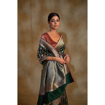PRIYANKA RAAJIV Maghi Emerald Green Silk Banarsi Saree with Unstitched Blouse