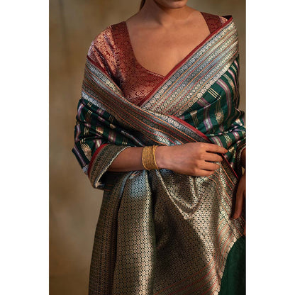 PRIYANKA RAAJIV Maghi Emerald Green Silk Banarsi Saree with Unstitched Blouse