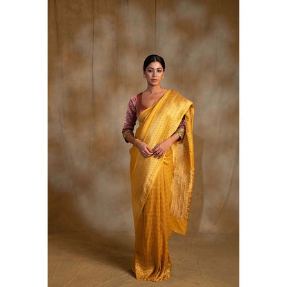 PRIYANKA RAAJIV Gudi Canary Yellow Silk Georgette Saree with Unstitched Blouse