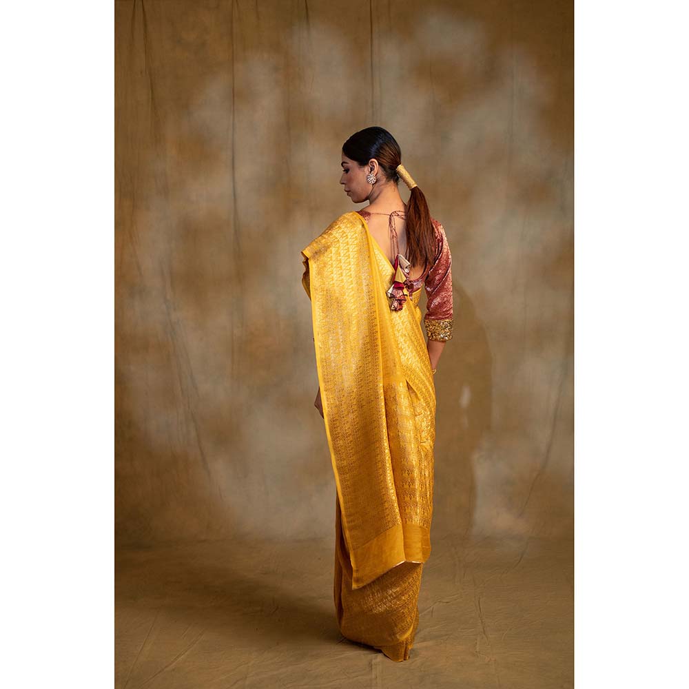 PRIYANKA RAAJIV Gudi Canary Yellow Silk Georgette Saree with Unstitched Blouse