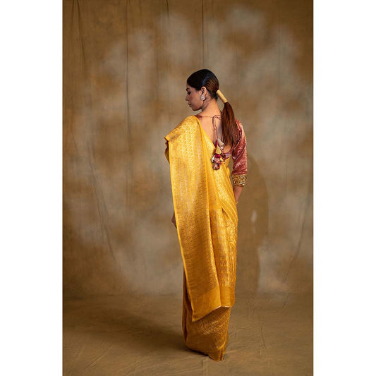 PRIYANKA RAAJIV Gudi Canary Yellow Silk Georgette Saree with Unstitched Blouse