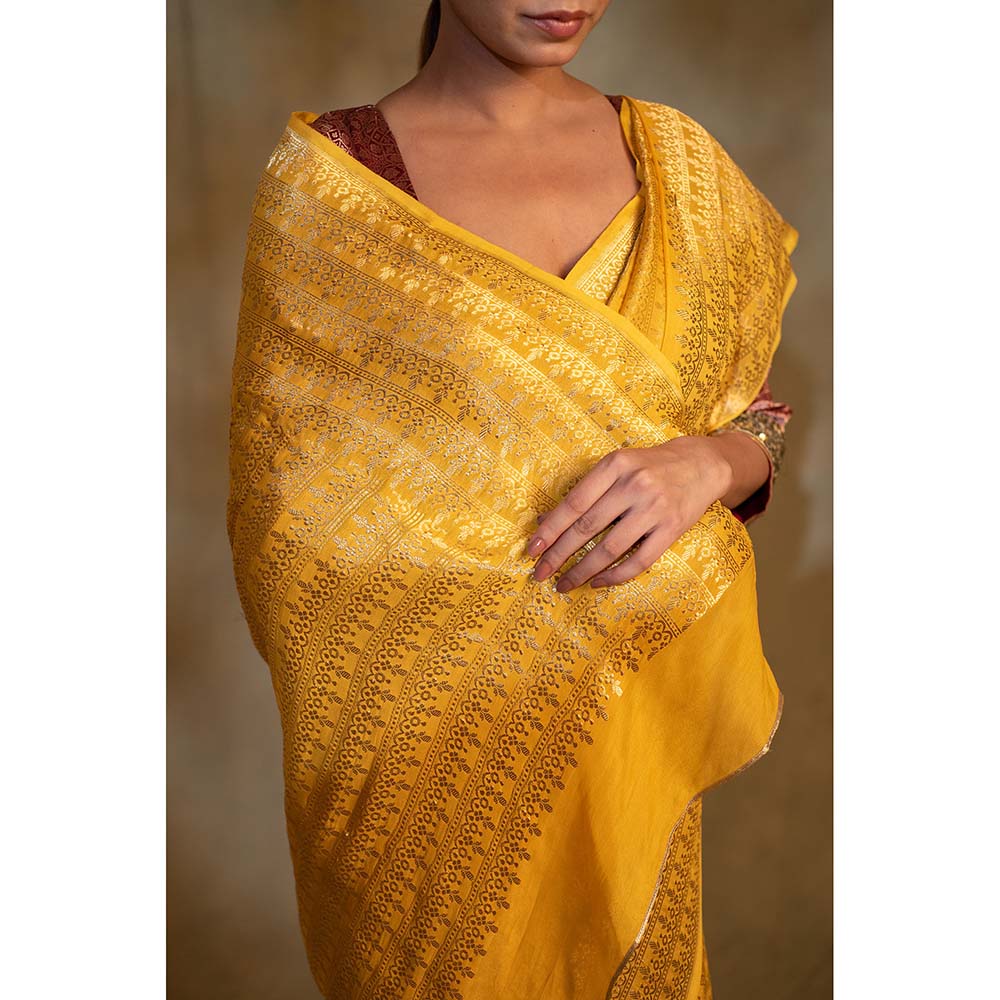 PRIYANKA RAAJIV Gudi Canary Yellow Silk Georgette Saree with Unstitched Blouse