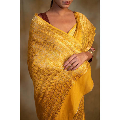 PRIYANKA RAAJIV Gudi Canary Yellow Silk Georgette Saree with Unstitched Blouse