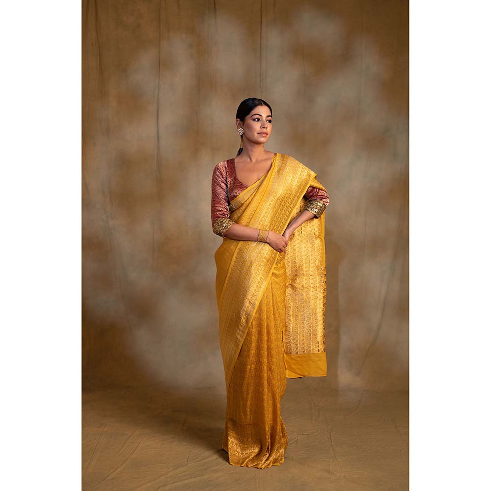 PRIYANKA RAAJIV Gudi Canary Yellow Silk Georgette Saree with Unstitched Blouse