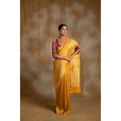 PRIYANKA RAAJIV Gudi Canary Yellow Silk Georgette Saree with Unstitched Blouse