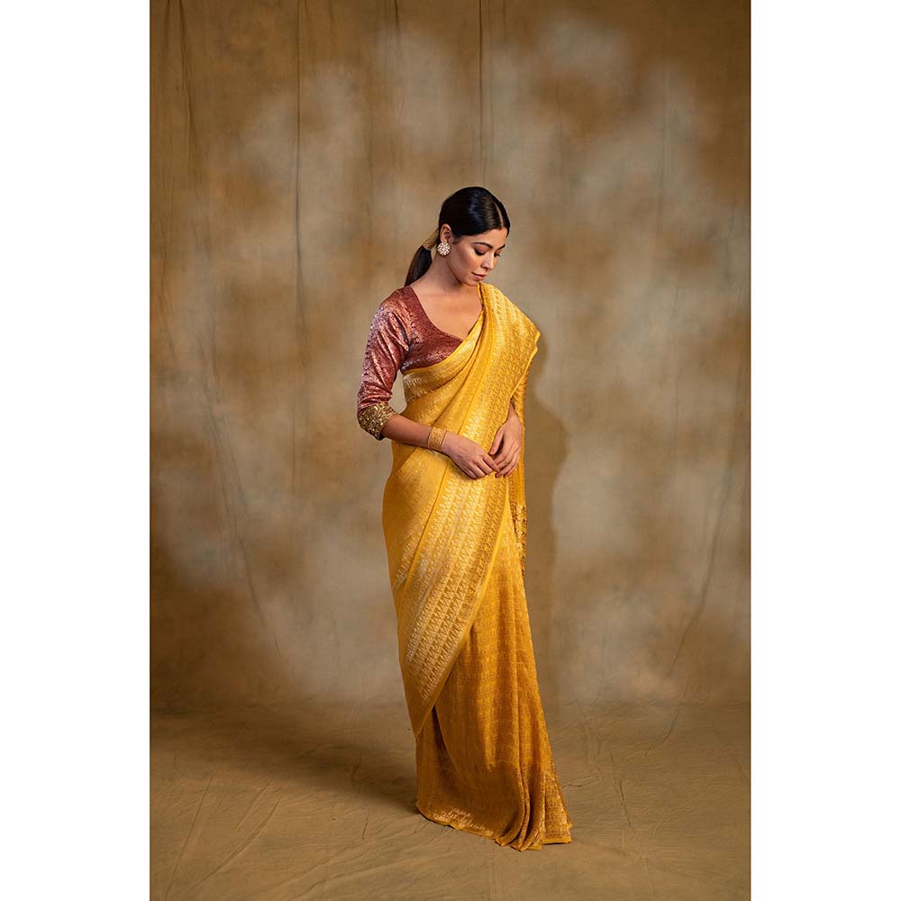 PRIYANKA RAAJIV Gudi Canary Yellow Silk Georgette Saree with Unstitched Blouse