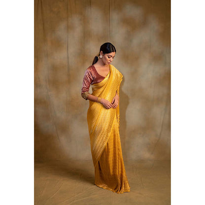 PRIYANKA RAAJIV Gudi Canary Yellow Silk Georgette Saree with Unstitched Blouse