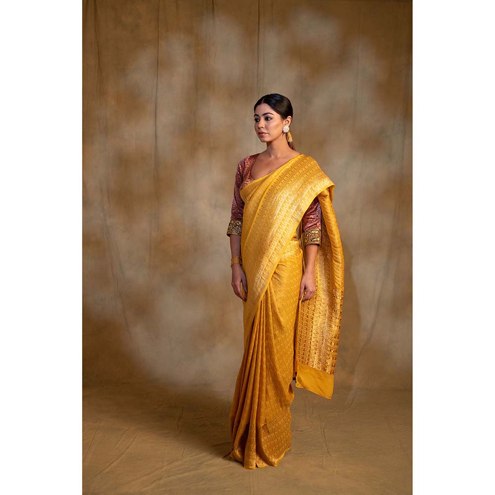 PRIYANKA RAAJIV Gudi Canary Yellow Silk Georgette Saree with Unstitched Blouse