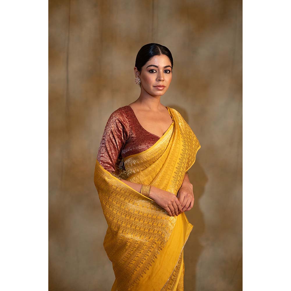 PRIYANKA RAAJIV Gudi Canary Yellow Silk Georgette Saree with Unstitched Blouse