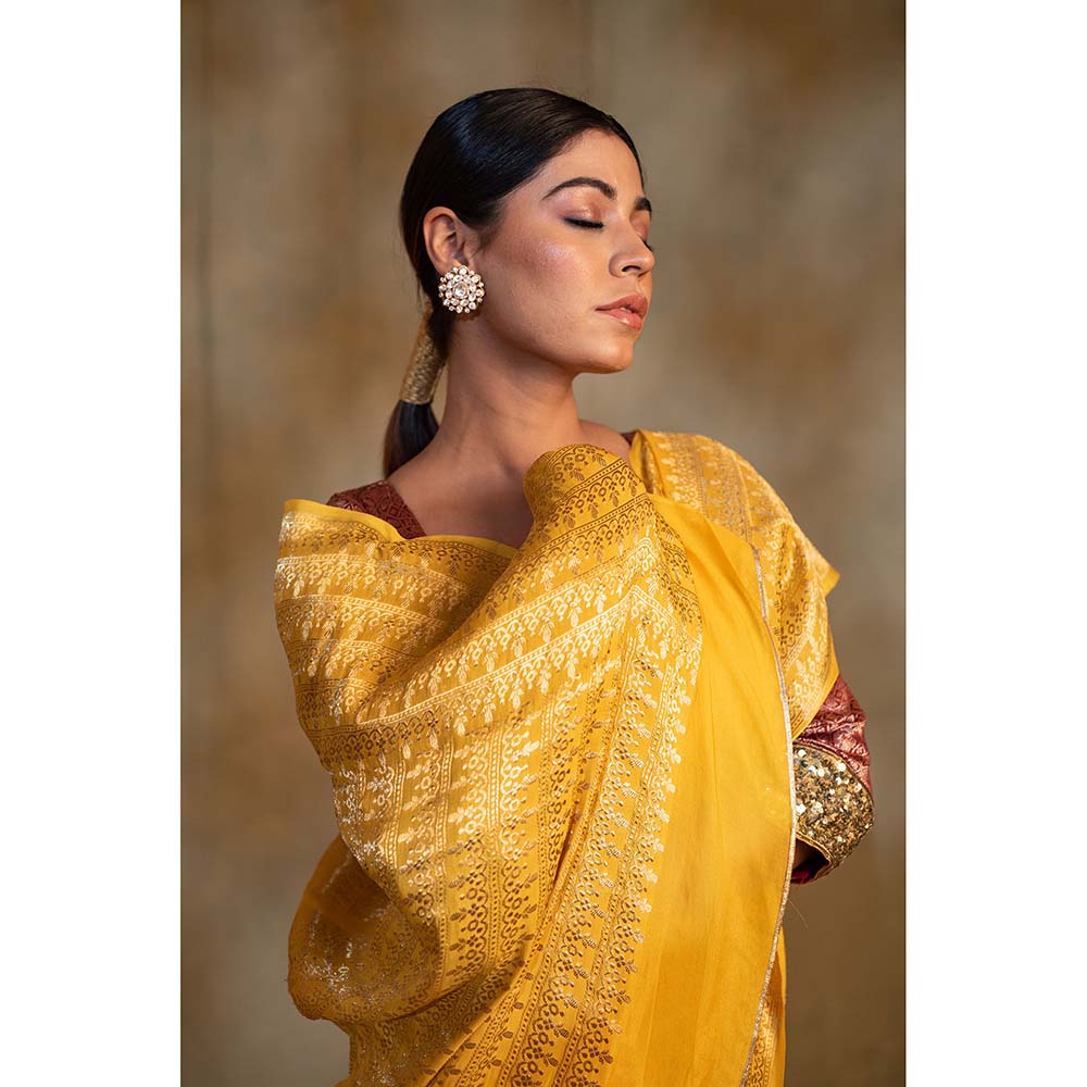 PRIYANKA RAAJIV Gudi Canary Yellow Silk Georgette Saree with Unstitched Blouse