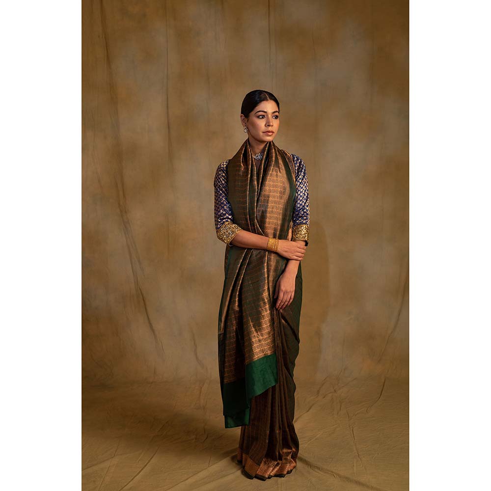 PRIYANKA RAAJIV Tusu Fern Green Silk Banarasi Saree with Unstitched Blouse