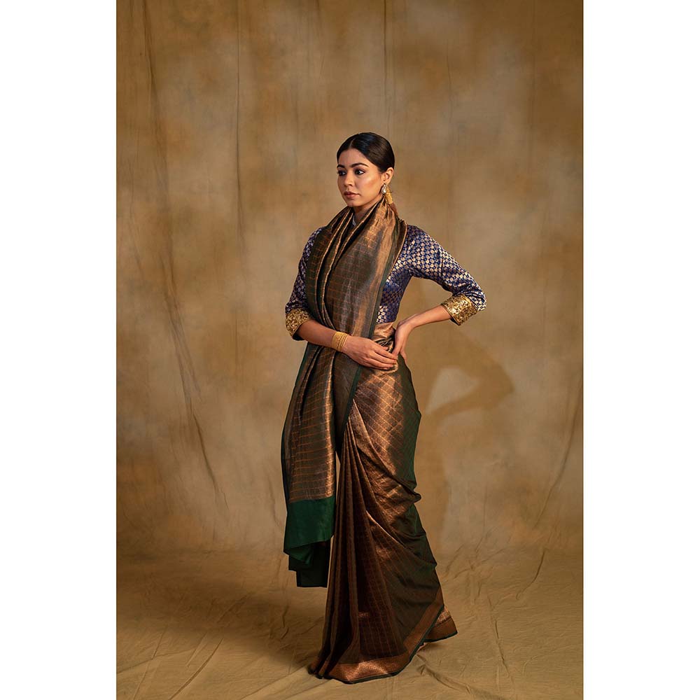 PRIYANKA RAAJIV Tusu Fern Green Silk Banarasi Saree with Unstitched Blouse