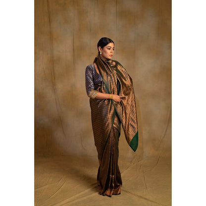 PRIYANKA RAAJIV Tusu Fern Green Silk Banarasi Saree with Unstitched Blouse
