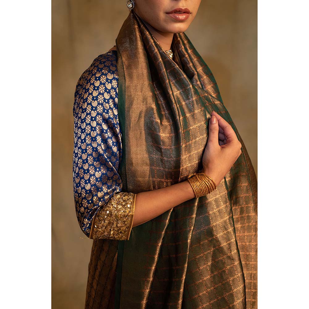 PRIYANKA RAAJIV Tusu Fern Green Silk Banarasi Saree with Unstitched Blouse