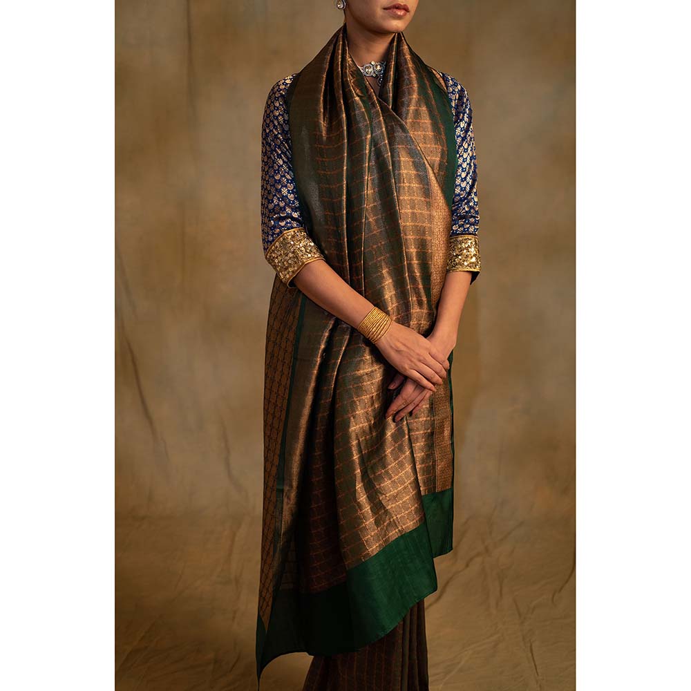 PRIYANKA RAAJIV Tusu Fern Green Silk Banarasi Saree with Unstitched Blouse