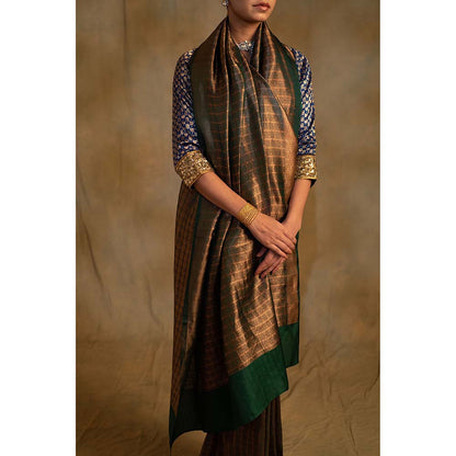 PRIYANKA RAAJIV Tusu Fern Green Silk Banarasi Saree with Unstitched Blouse