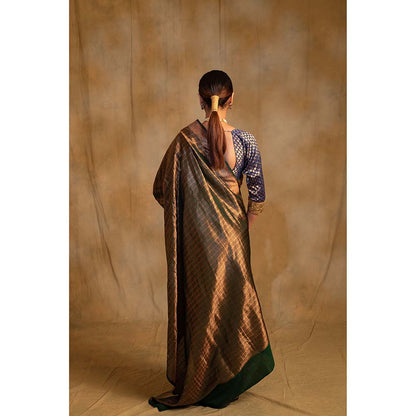 PRIYANKA RAAJIV Tusu Fern Green Silk Banarasi Saree with Unstitched Blouse