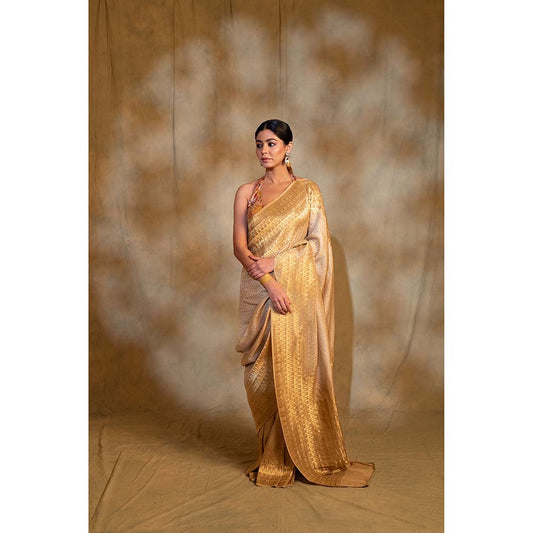 PRIYANKA RAAJIV Ganga Beige Silk Georgette Banarasi Saree with Unstitched Blouse