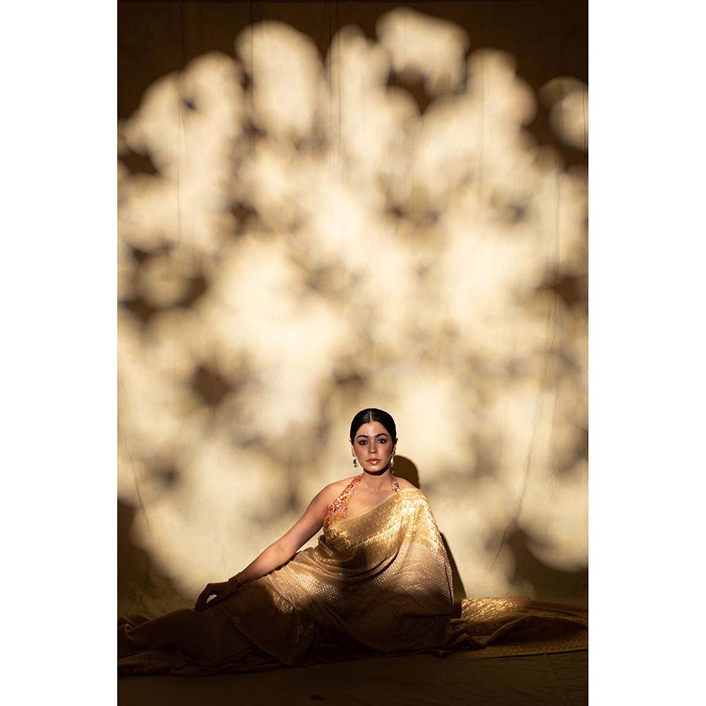 PRIYANKA RAAJIV Ganga Beige Silk Georgette Banarasi Saree with Unstitched Blouse