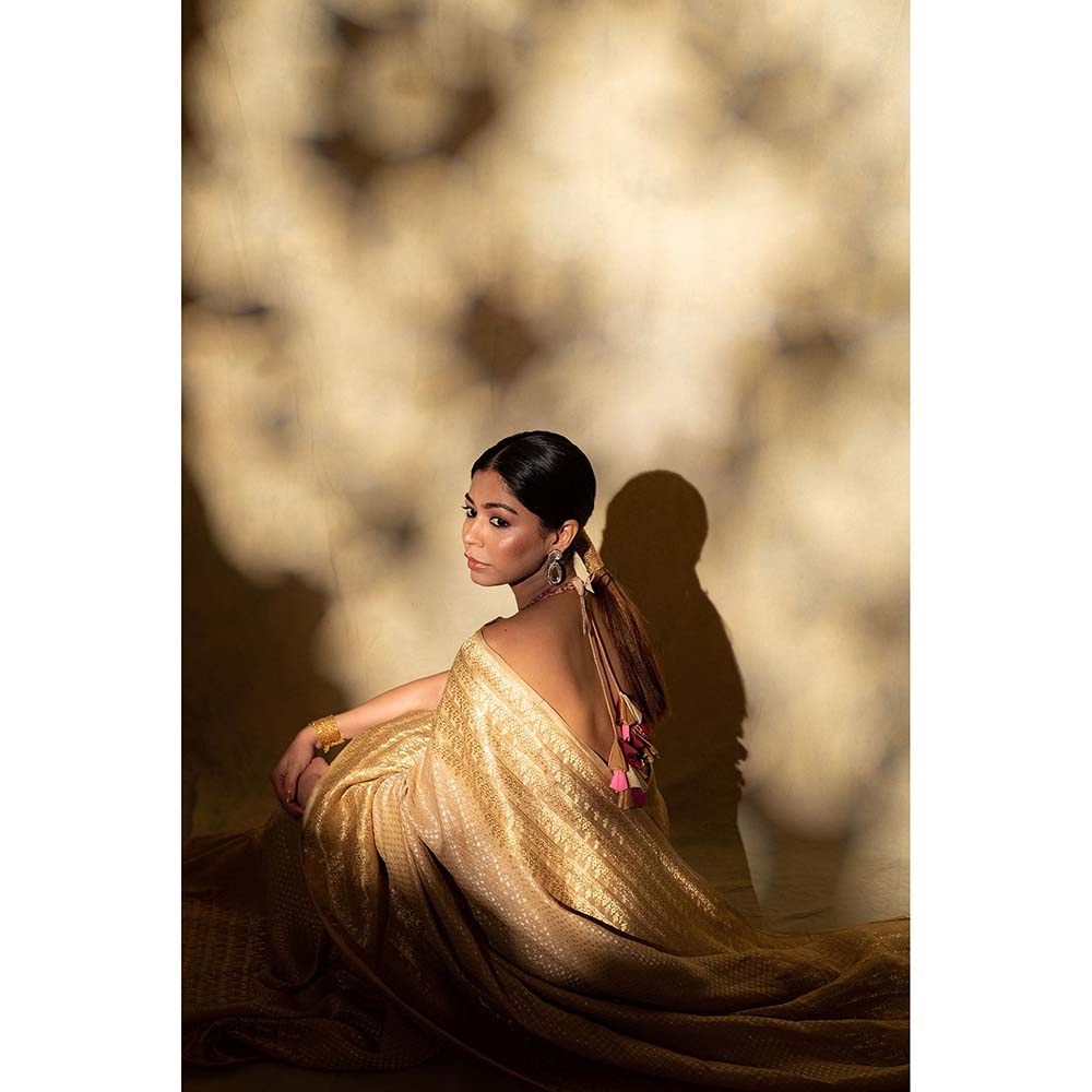 PRIYANKA RAAJIV Ganga Beige Silk Georgette Banarasi Saree with Unstitched Blouse