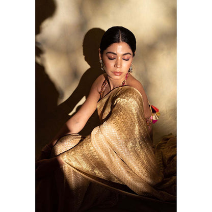 PRIYANKA RAAJIV Ganga Beige Silk Georgette Banarasi Saree with Unstitched Blouse