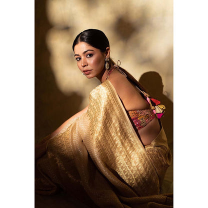 PRIYANKA RAAJIV Ganga Beige Silk Georgette Banarasi Saree with Unstitched Blouse