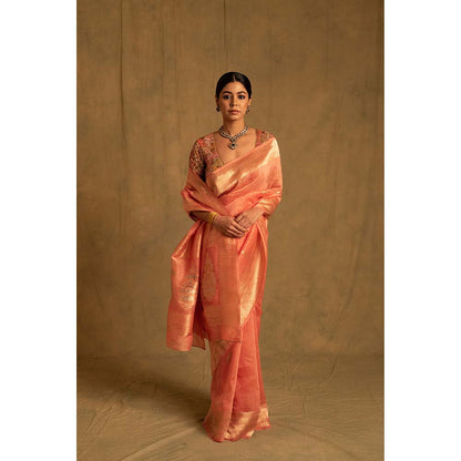 PRIYANKA RAAJIV Karva Coral Pink Linen-Silk Organza Saree with Unstitched Blouse
