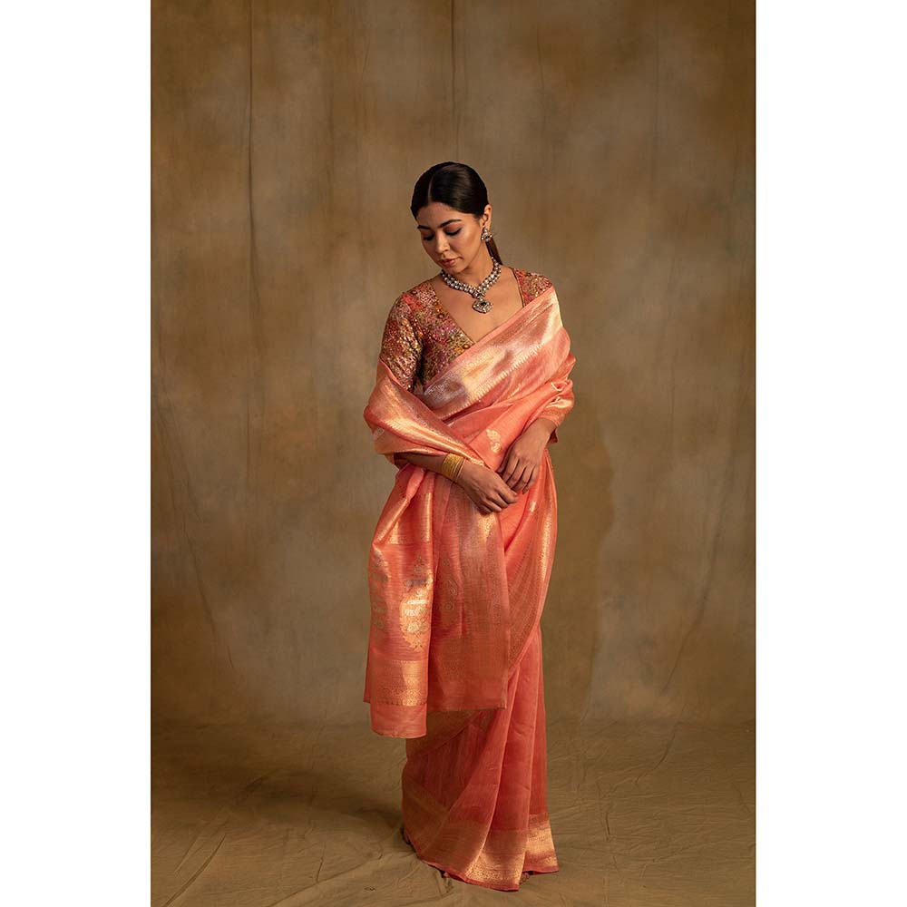 PRIYANKA RAAJIV Karva Coral Pink Linen-Silk Organza Saree with Unstitched Blouse
