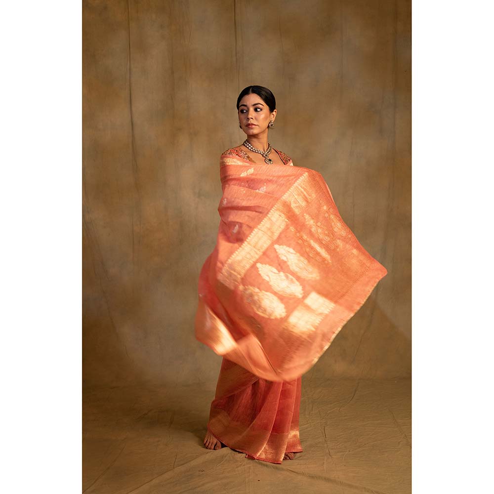 PRIYANKA RAAJIV Karva Coral Pink Linen-Silk Organza Saree with Unstitched Blouse