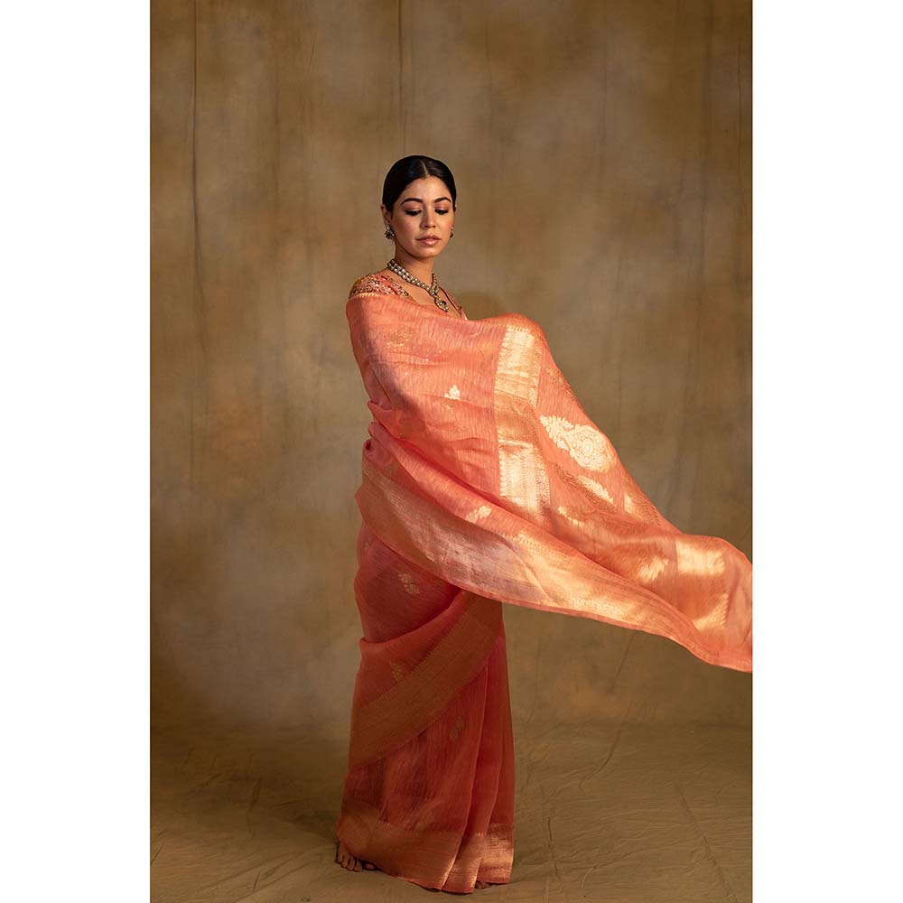 PRIYANKA RAAJIV Karva Coral Pink Linen-Silk Organza Saree with Unstitched Blouse