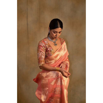PRIYANKA RAAJIV Karva Coral Pink Linen-Silk Organza Saree with Unstitched Blouse