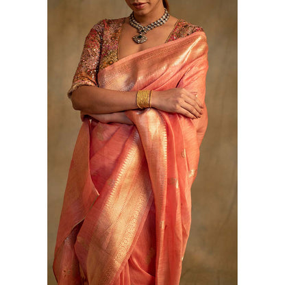 PRIYANKA RAAJIV Karva Coral Pink Linen-Silk Organza Saree with Unstitched Blouse