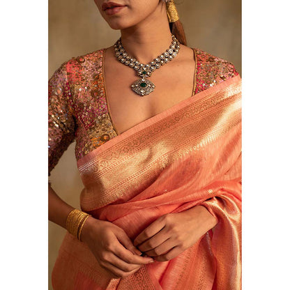 PRIYANKA RAAJIV Karva Coral Pink Linen-Silk Organza Saree with Unstitched Blouse