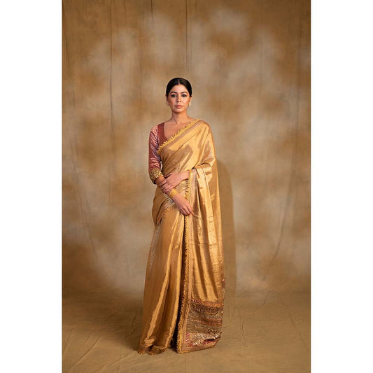 PRIYANKA RAAJIV Purnima Gold Silk Tissue Chanderi Saree with Unstitched Blouse