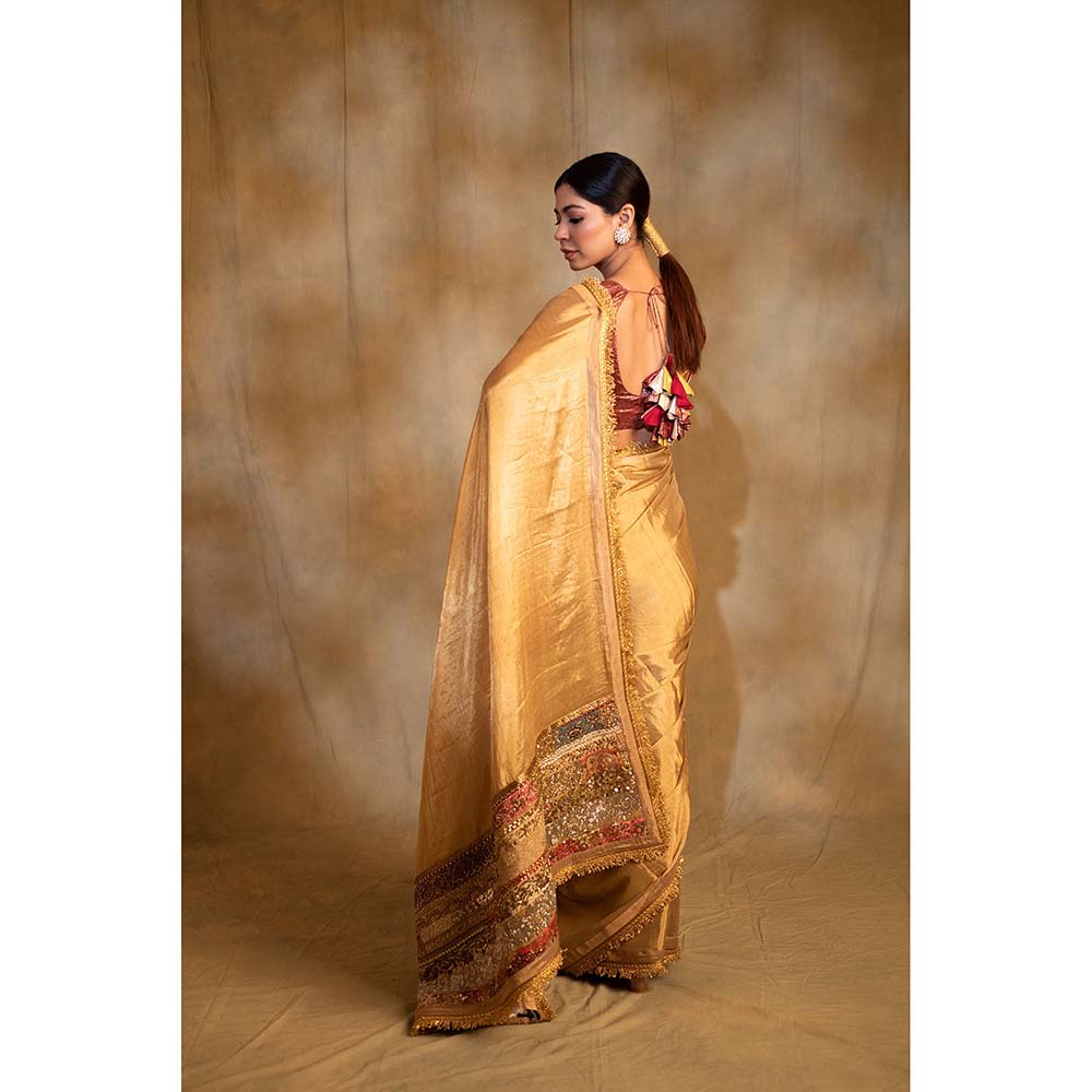 PRIYANKA RAAJIV Purnima Gold Silk Tissue Chanderi Saree with Unstitched Blouse