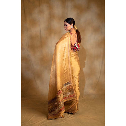 PRIYANKA RAAJIV Purnima Gold Silk Tissue Chanderi Saree with Unstitched Blouse
