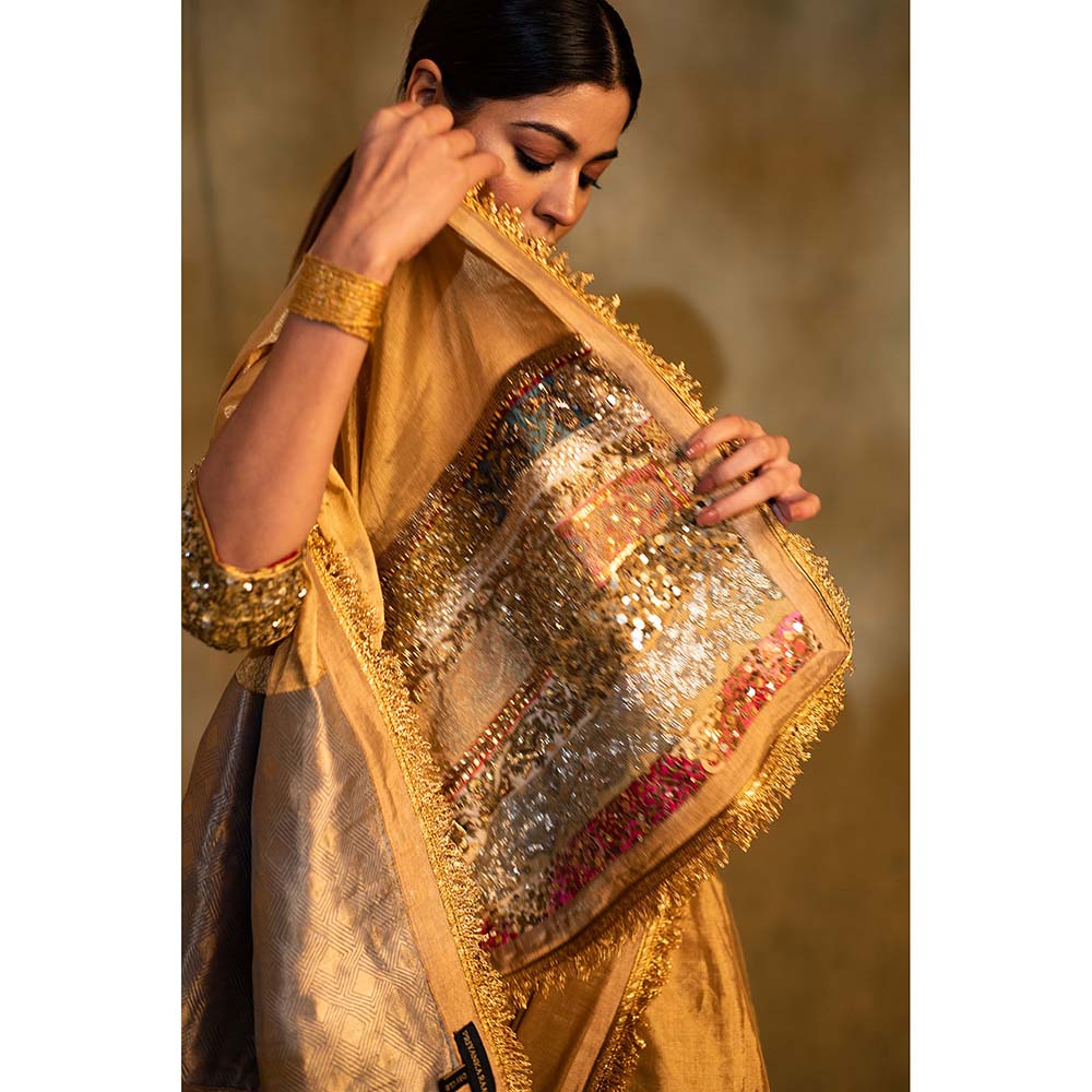 PRIYANKA RAAJIV Purnima Gold Silk Tissue Chanderi Saree with Unstitched Blouse