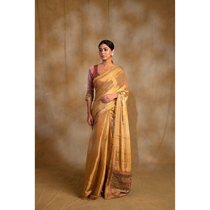 PRIYANKA RAAJIV Purnima Gold Silk Tissue Chanderi Saree with Unstitched Blouse