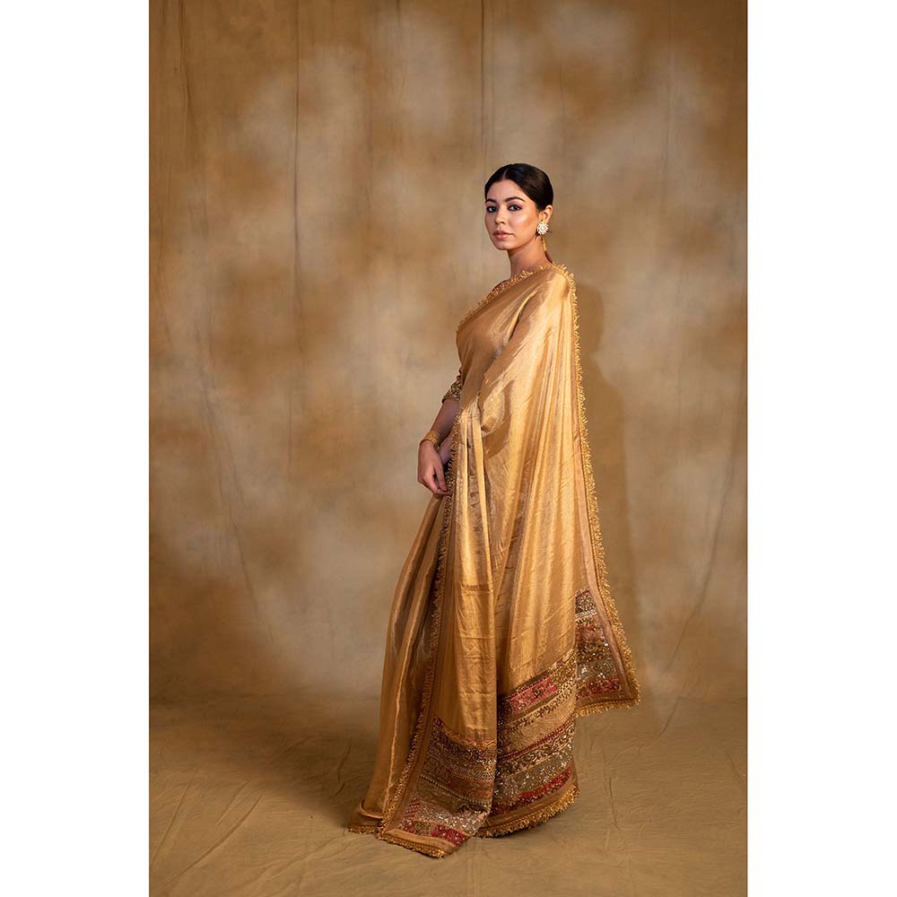 PRIYANKA RAAJIV Purnima Gold Silk Tissue Chanderi Saree with Unstitched Blouse