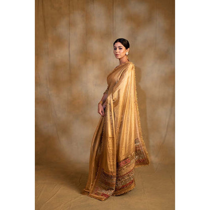 PRIYANKA RAAJIV Purnima Gold Silk Tissue Chanderi Saree with Unstitched Blouse