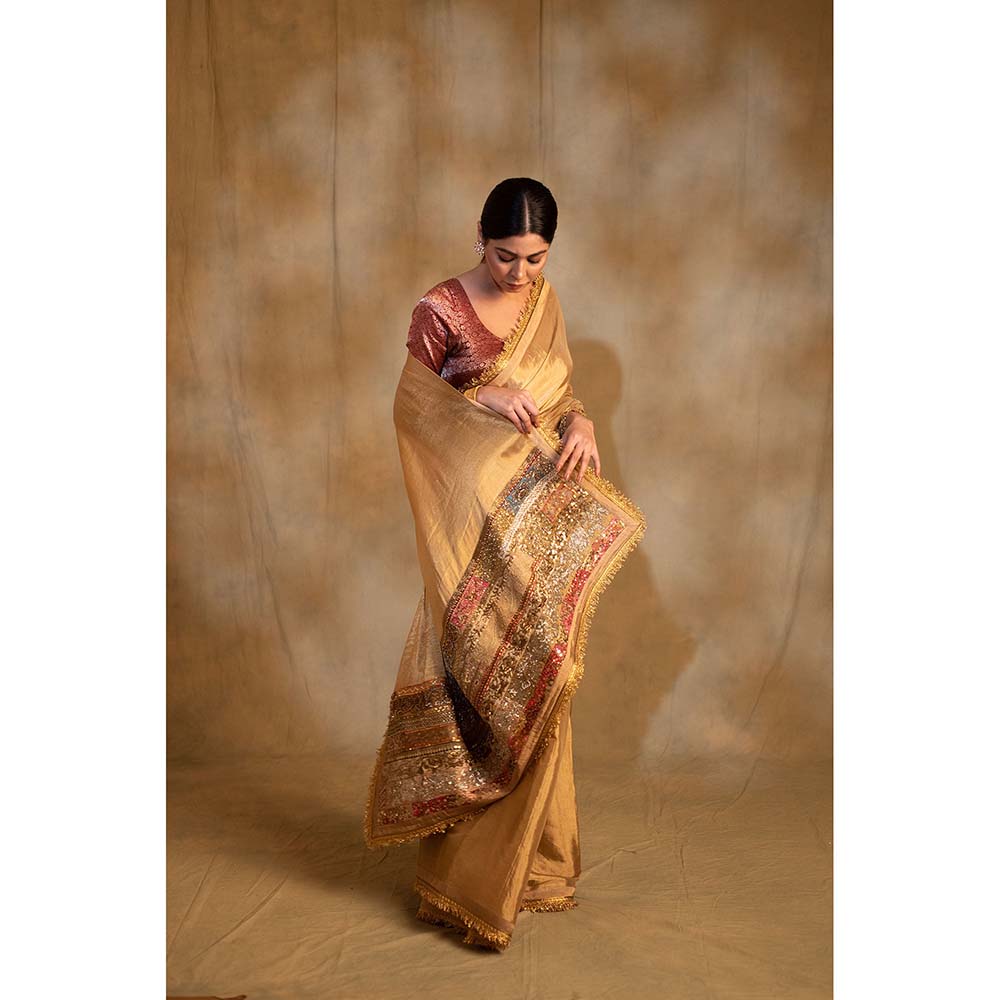 PRIYANKA RAAJIV Purnima Gold Silk Tissue Chanderi Saree with Unstitched Blouse