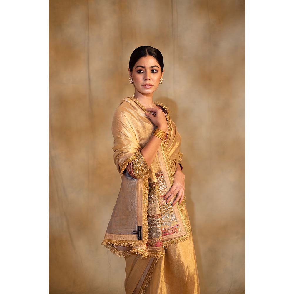 PRIYANKA RAAJIV Purnima Gold Silk Tissue Chanderi Saree with Unstitched Blouse