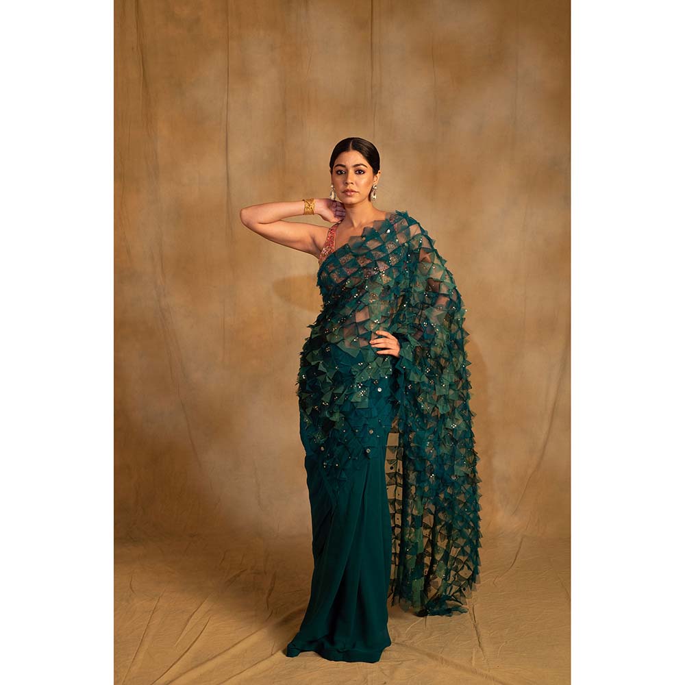 PRIYANKA RAAJIV Pihu Green Upcycled Patchwork Saree with Unstitched Blouse