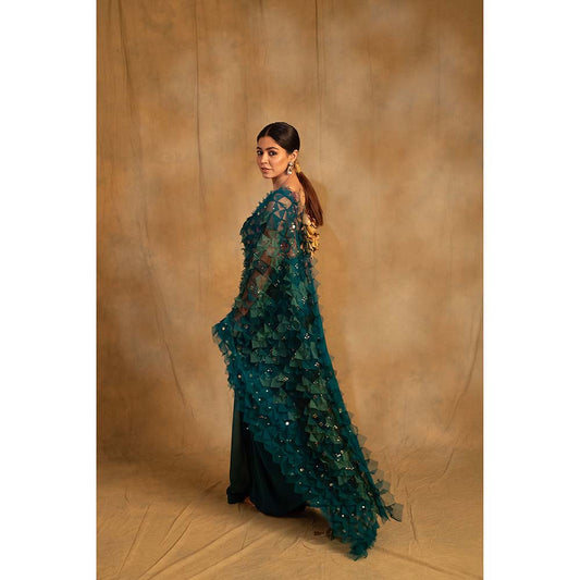 PRIYANKA RAAJIV Pihu Green Upcycled Patchwork Saree with Unstitched Blouse