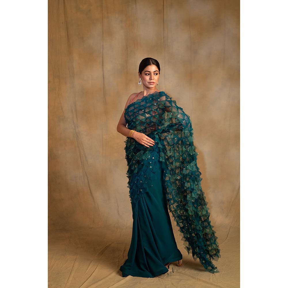 PRIYANKA RAAJIV Pihu Green Upcycled Patchwork Saree with Unstitched Blouse