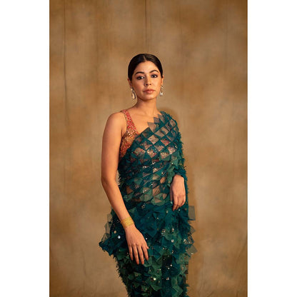 PRIYANKA RAAJIV Pihu Green Upcycled Patchwork Saree with Unstitched Blouse